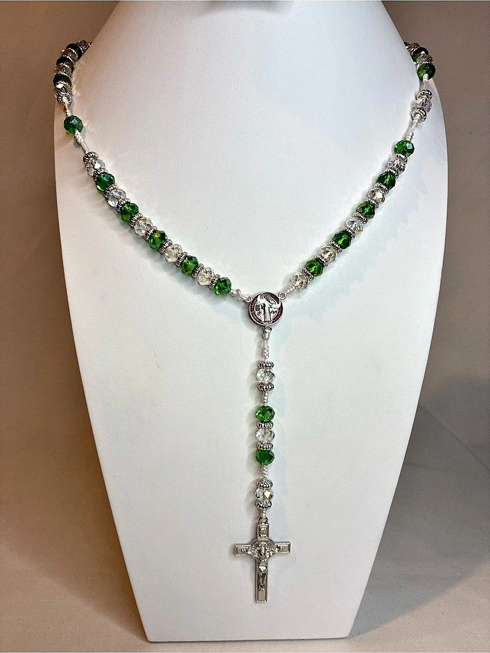 Saint Benedict rosary necklace Green & Silver Rosary Necklace